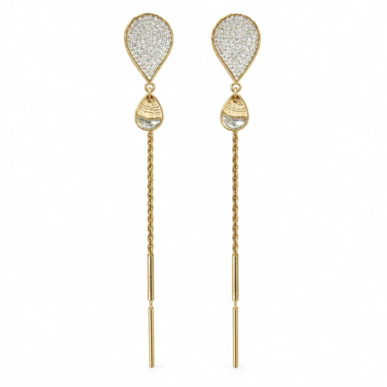 Gold-tone Teardrop Glittering Long-chain Drop Earrings