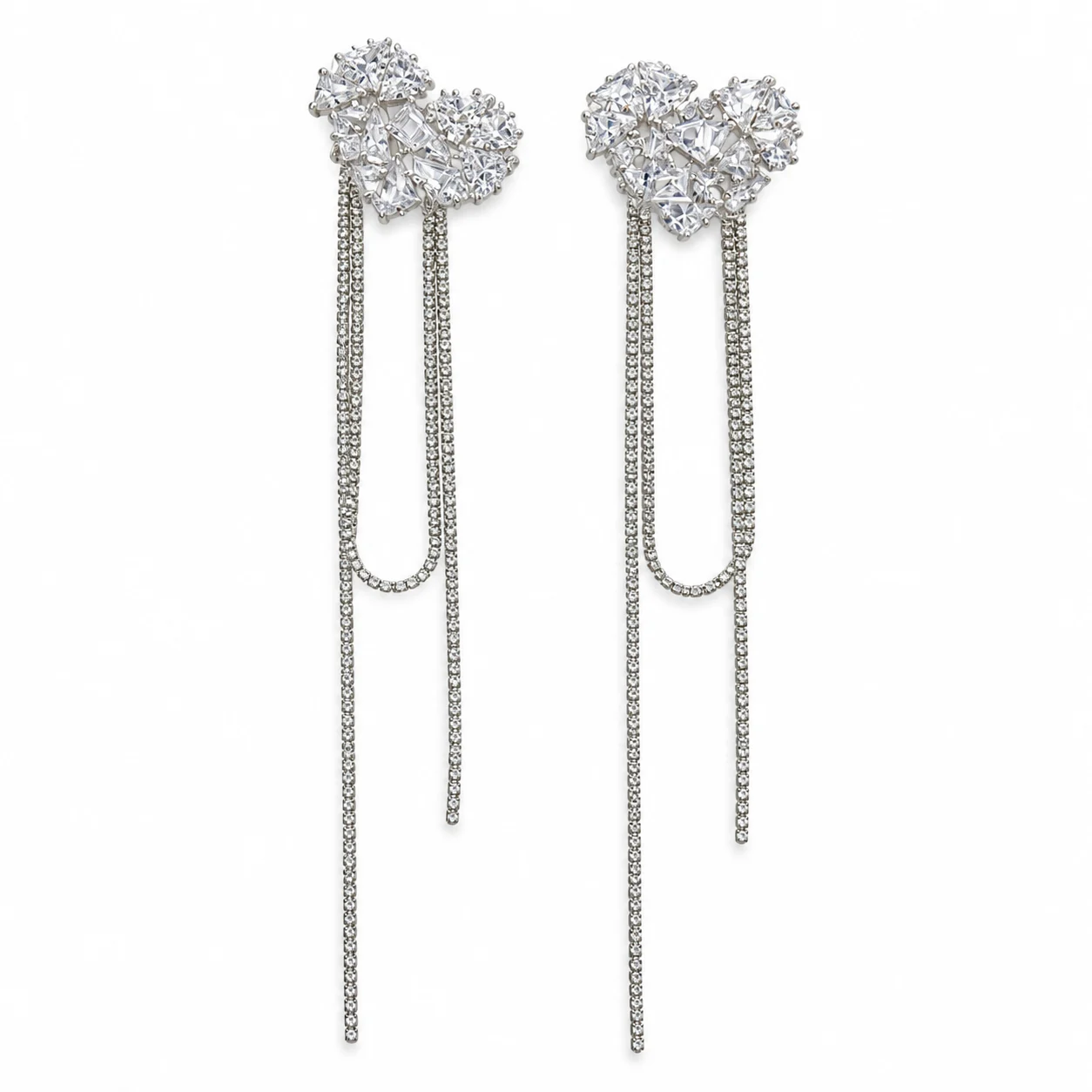 Silver-tone Clear Faceted Cluster and Long Chain Tassel Earrings