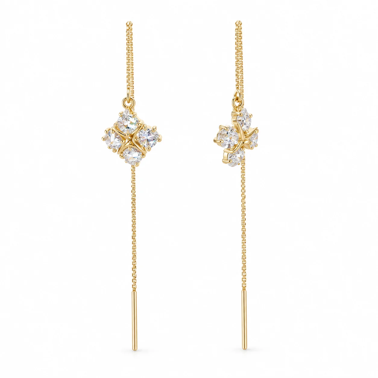 Gold-Tone Fine-Chain Threader Earrings with Clear Stone Clusters