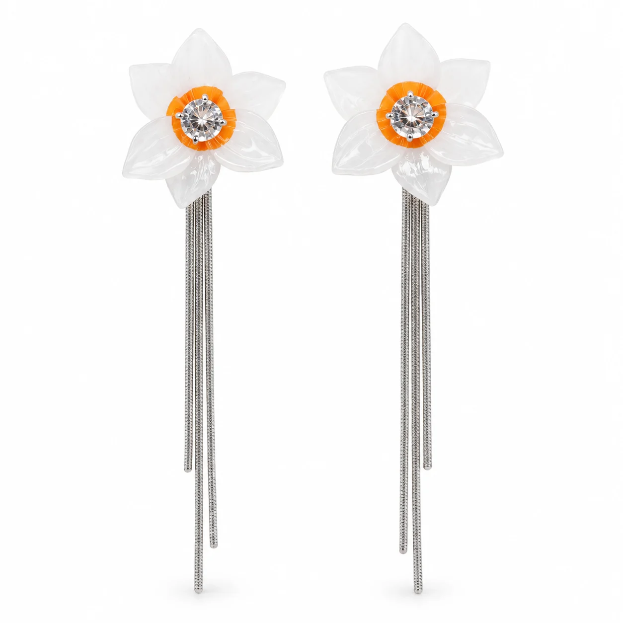 Translucent White Flower Earrings with Silver-Tone Chain Tassels