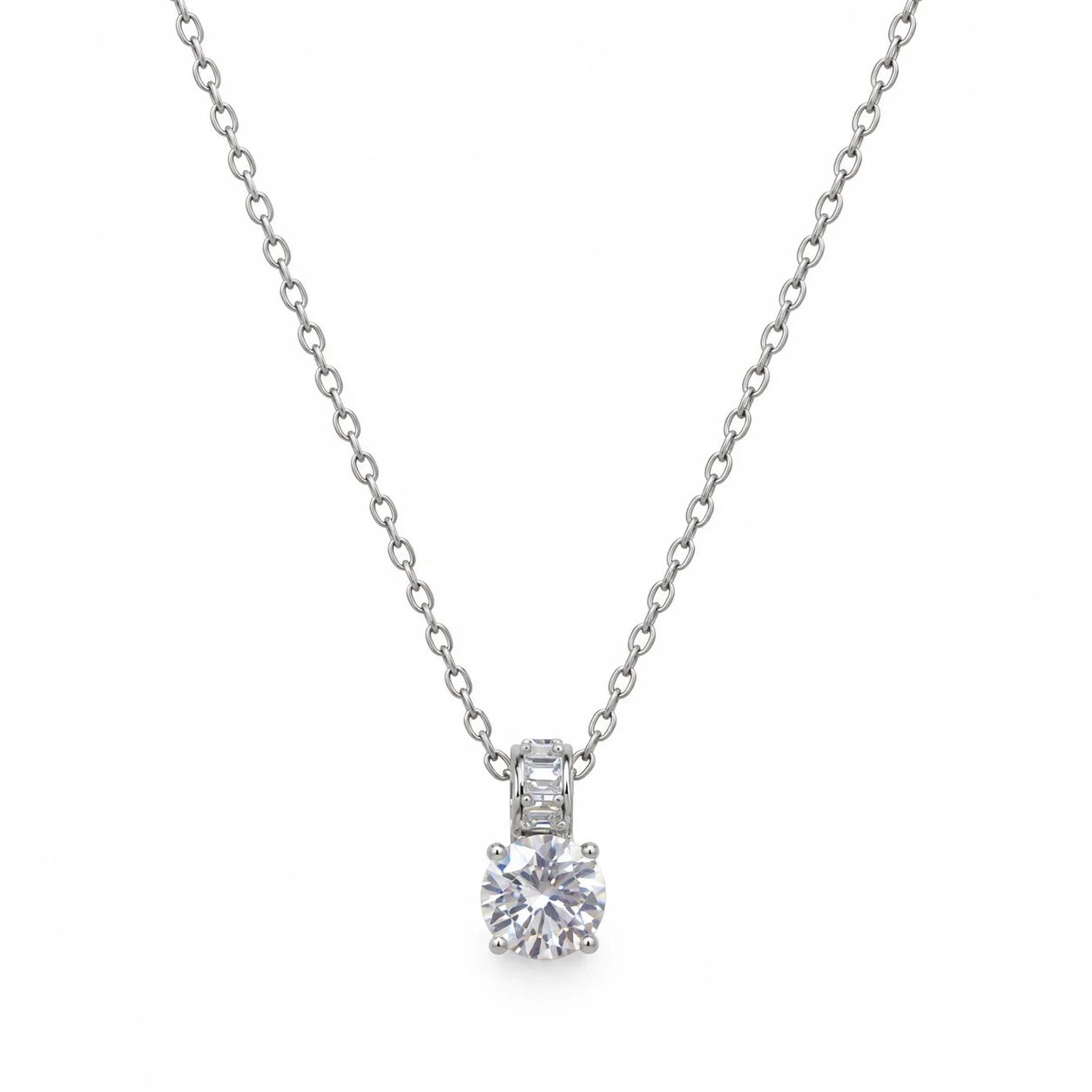 Silver-tone Fine Chain Necklace with Round Clear Stone Pendant