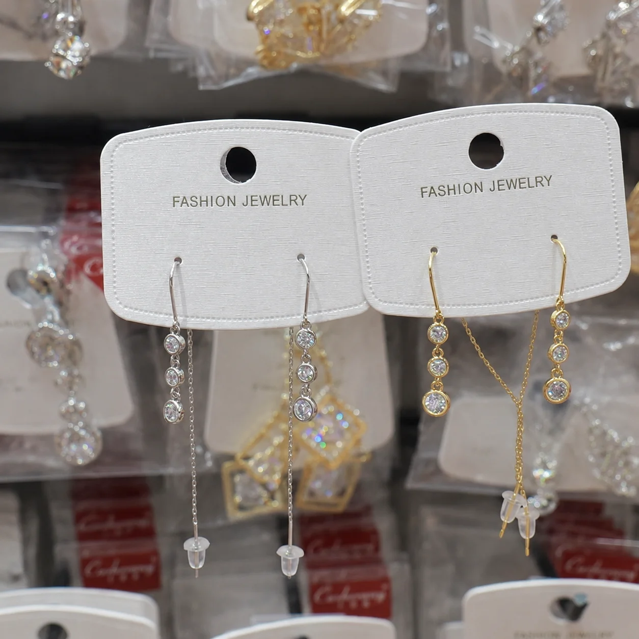 Silver- and Gold-Tone Long-Chain Drop Earrings with Round Clear Stones