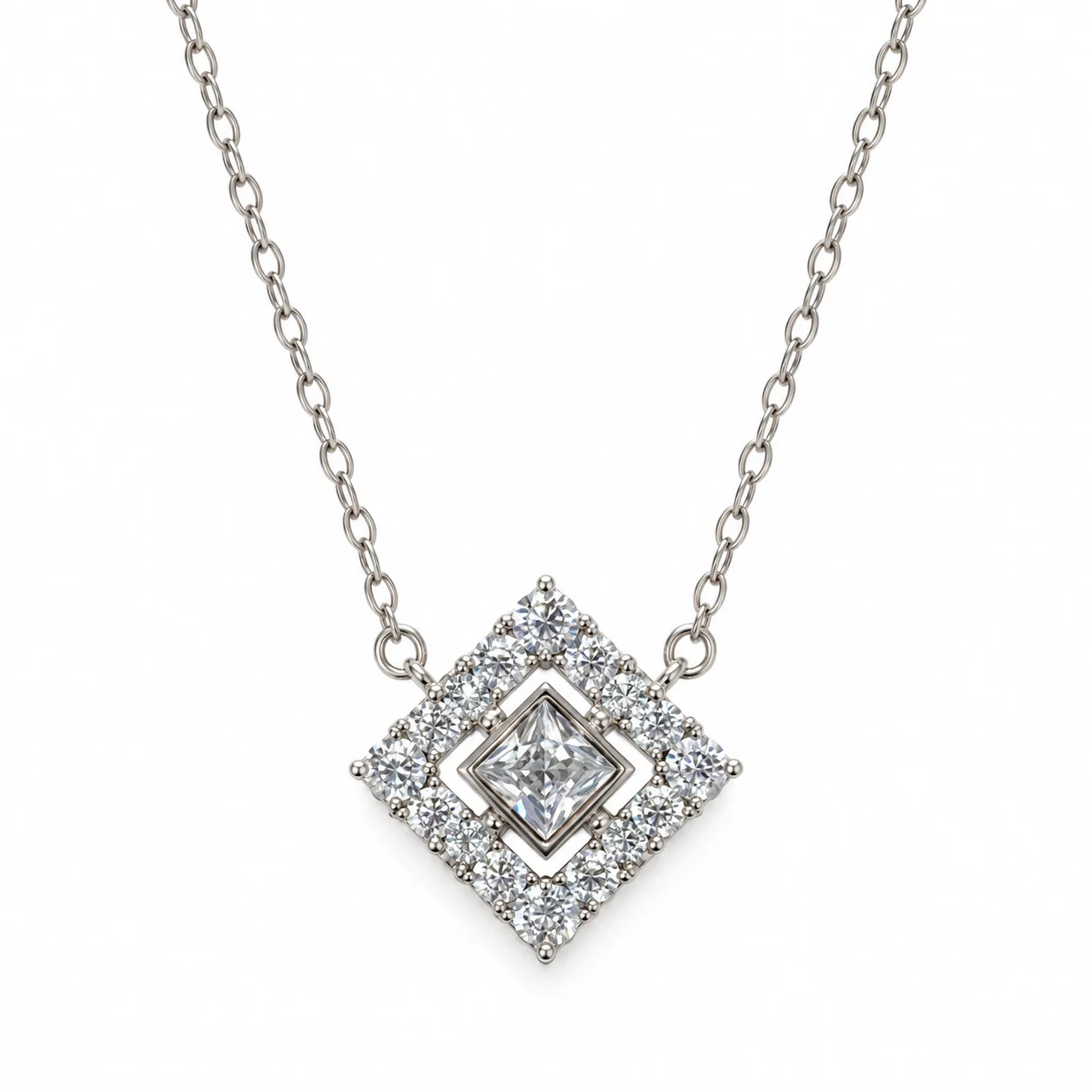 Silver-tone Diamond-shaped Halo Pendant Necklace with Clear Stones