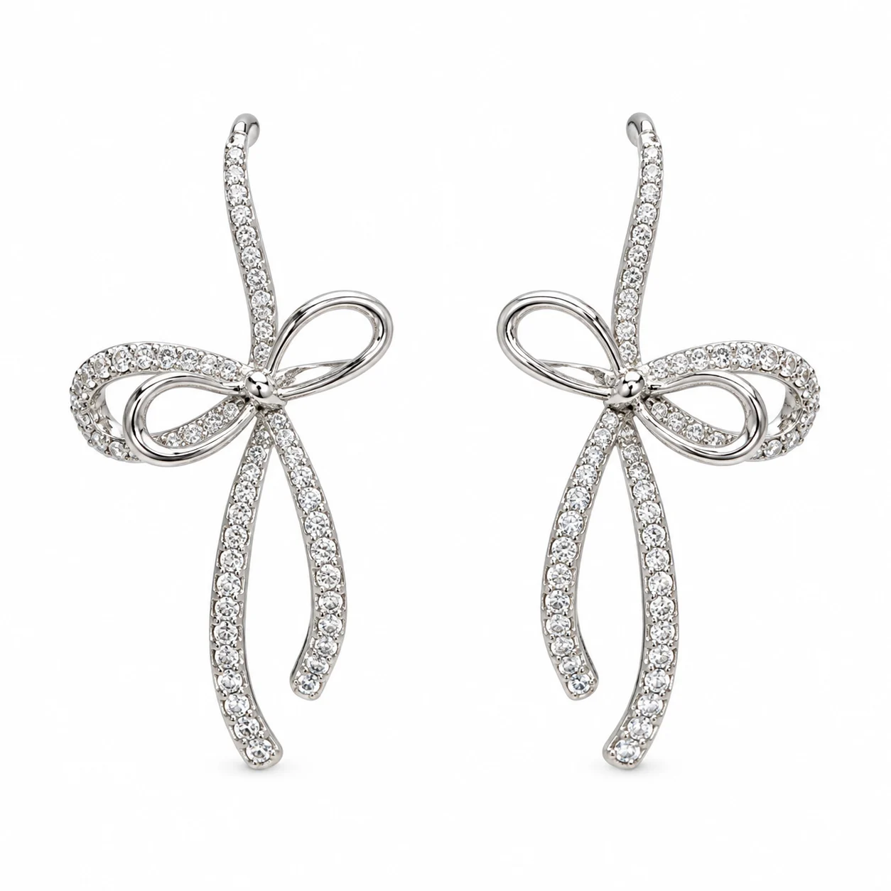 Silver-tone Openwork Bow Drop Earrings with Clear Sparkling Accents
