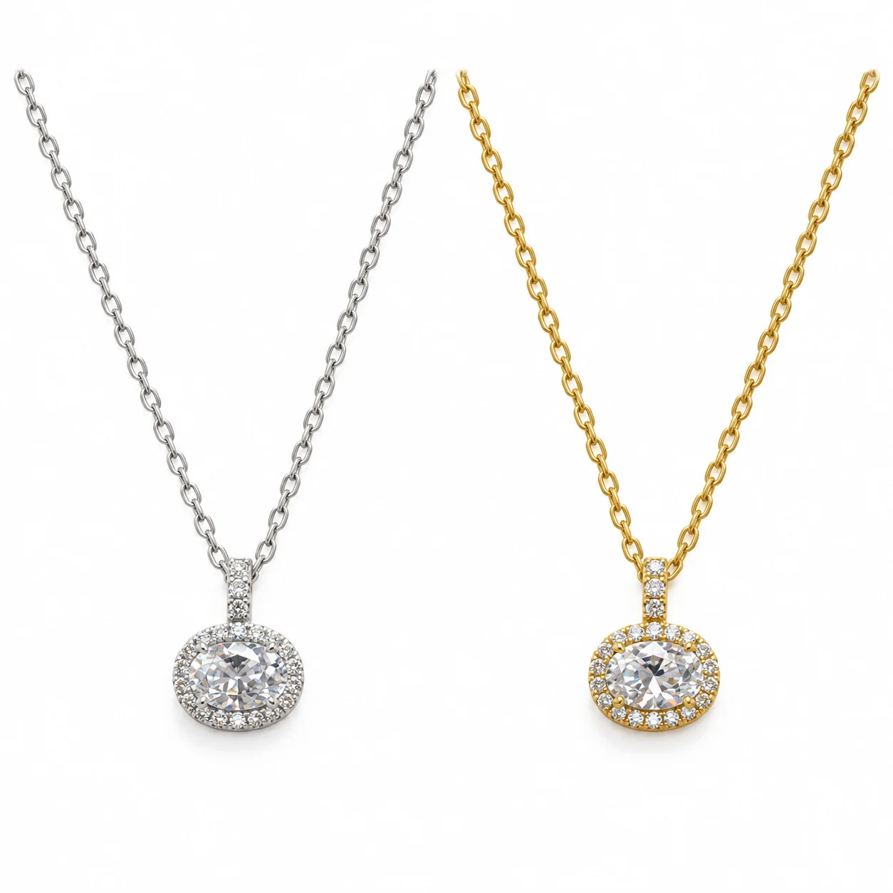 Silver-tone and Gold-tone Fine-chain Round Halo Pendant Necklaces