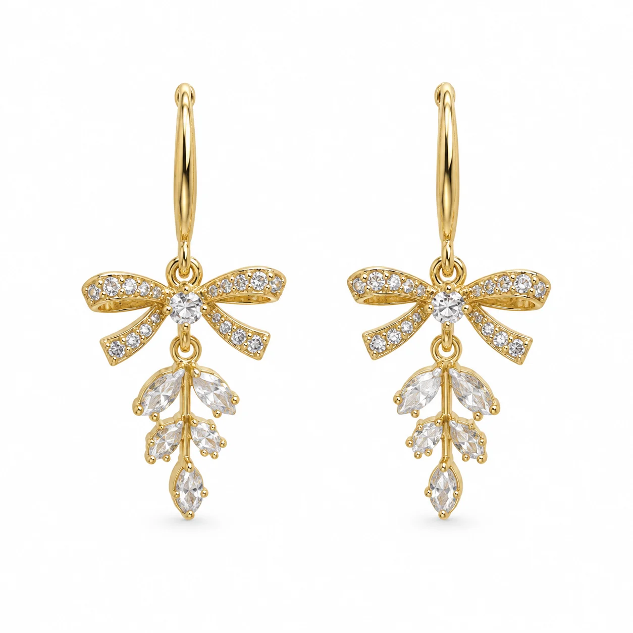 Gold-tone Bow and Leaf Sprig Drop Earrings with Clear Sparkling Stones