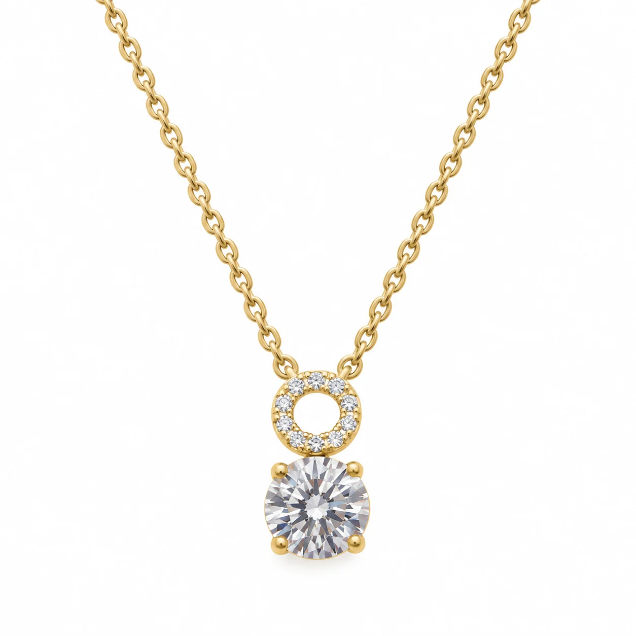 Gold-Tone Necklace with Sparkling Circle and Round Clear Pendant