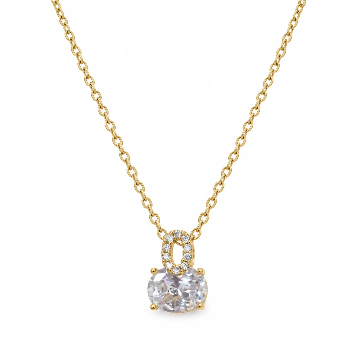 Gold-tone Fine Chain Necklace with Round Clear Stone Pendant