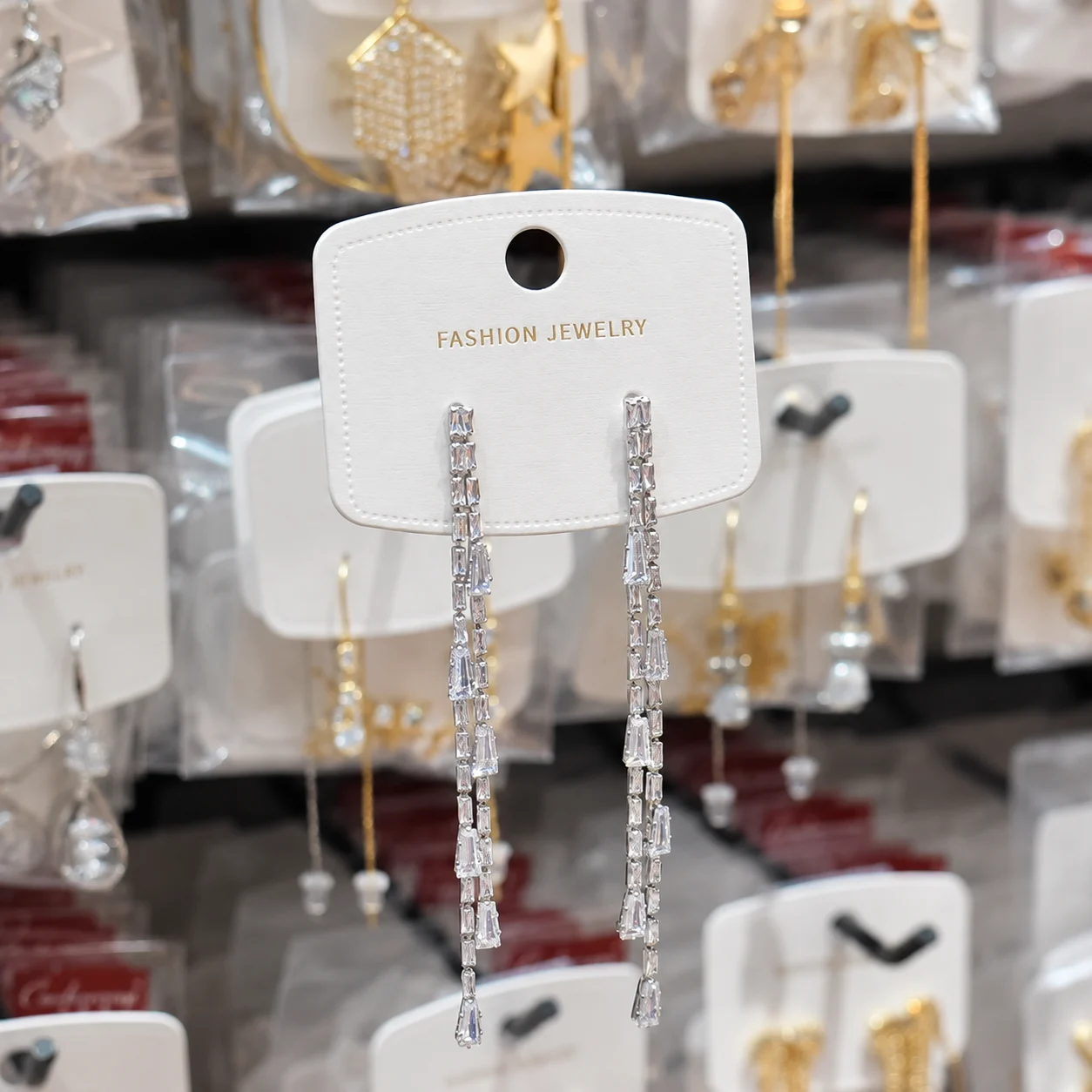 Silver-tone Long Tassel Earrings with Clear Rectangular Accents