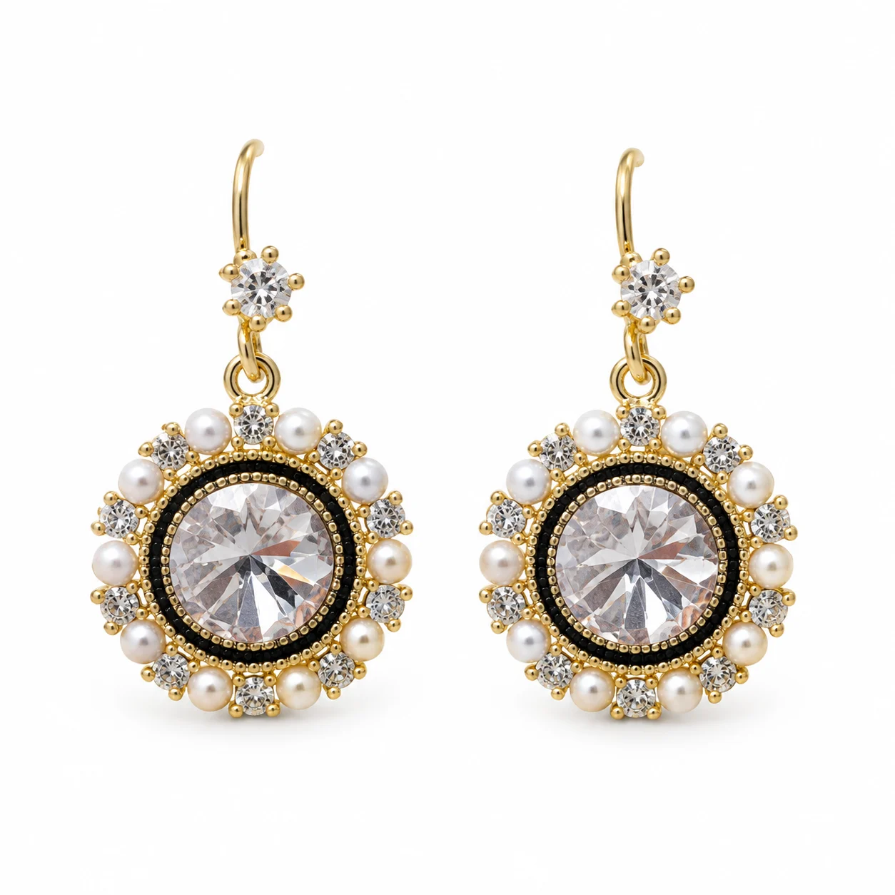 Gold-tone Round Clear Faceted Drop Earrings