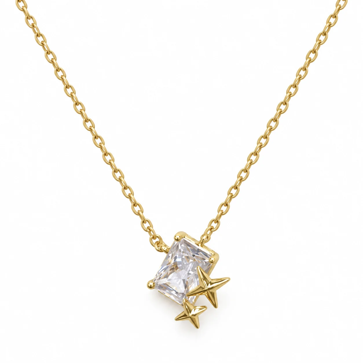 Gold-Tone Necklace with Rectangular Clear Stone and Twin Star Accents