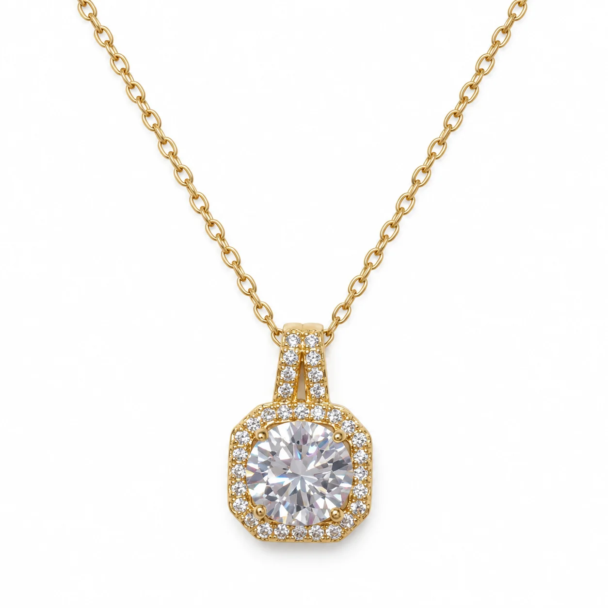 Gold-Tone Fine Chain Necklace with Clear Stone and Rounded-Square Halo Pendant