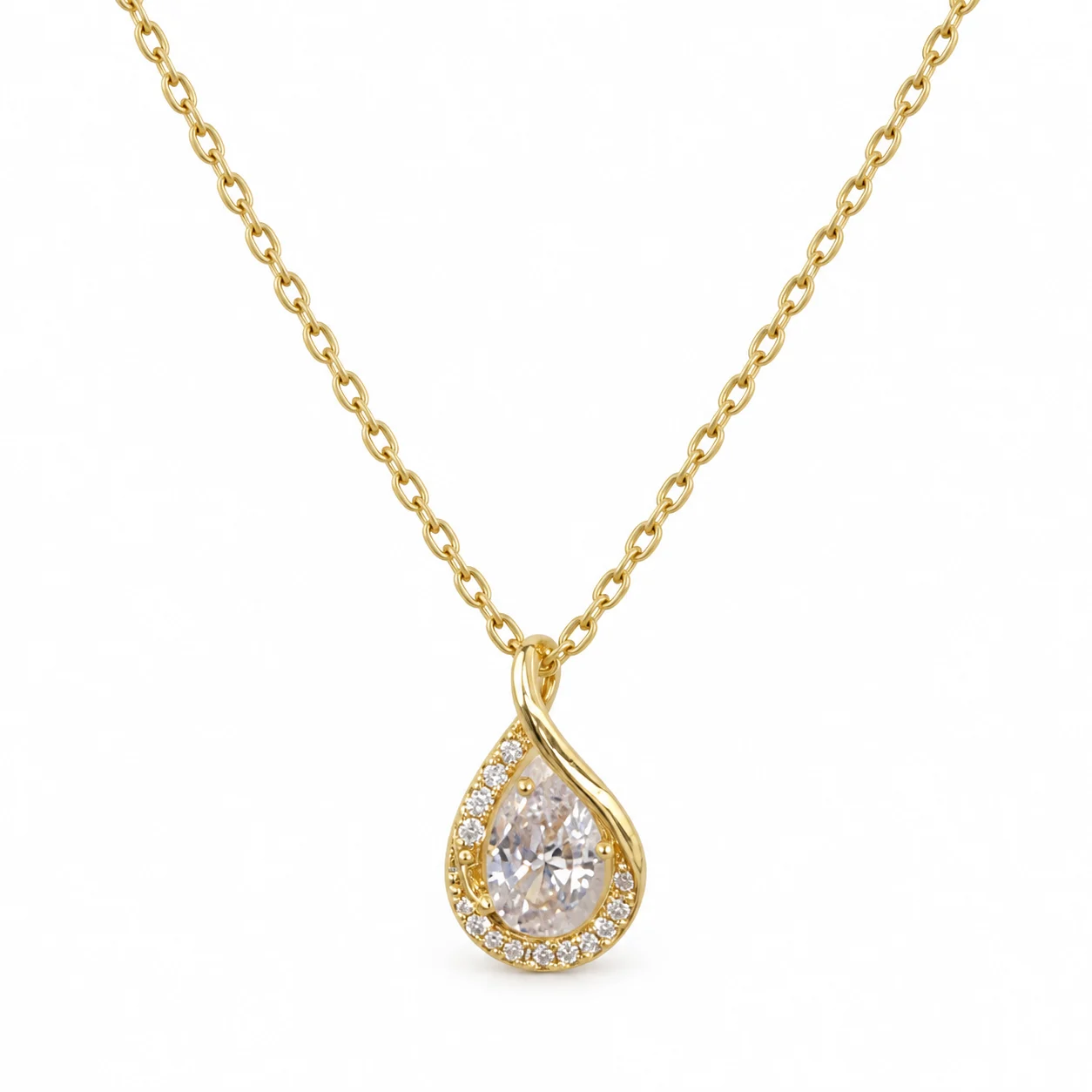 Gold-tone Teardrop Pendant Necklace with Clear Sparkling Stones