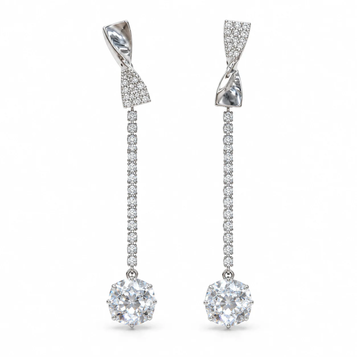 Silver-tone Twisted Geometric Long Drop Earrings with Clear Sparkling Accents