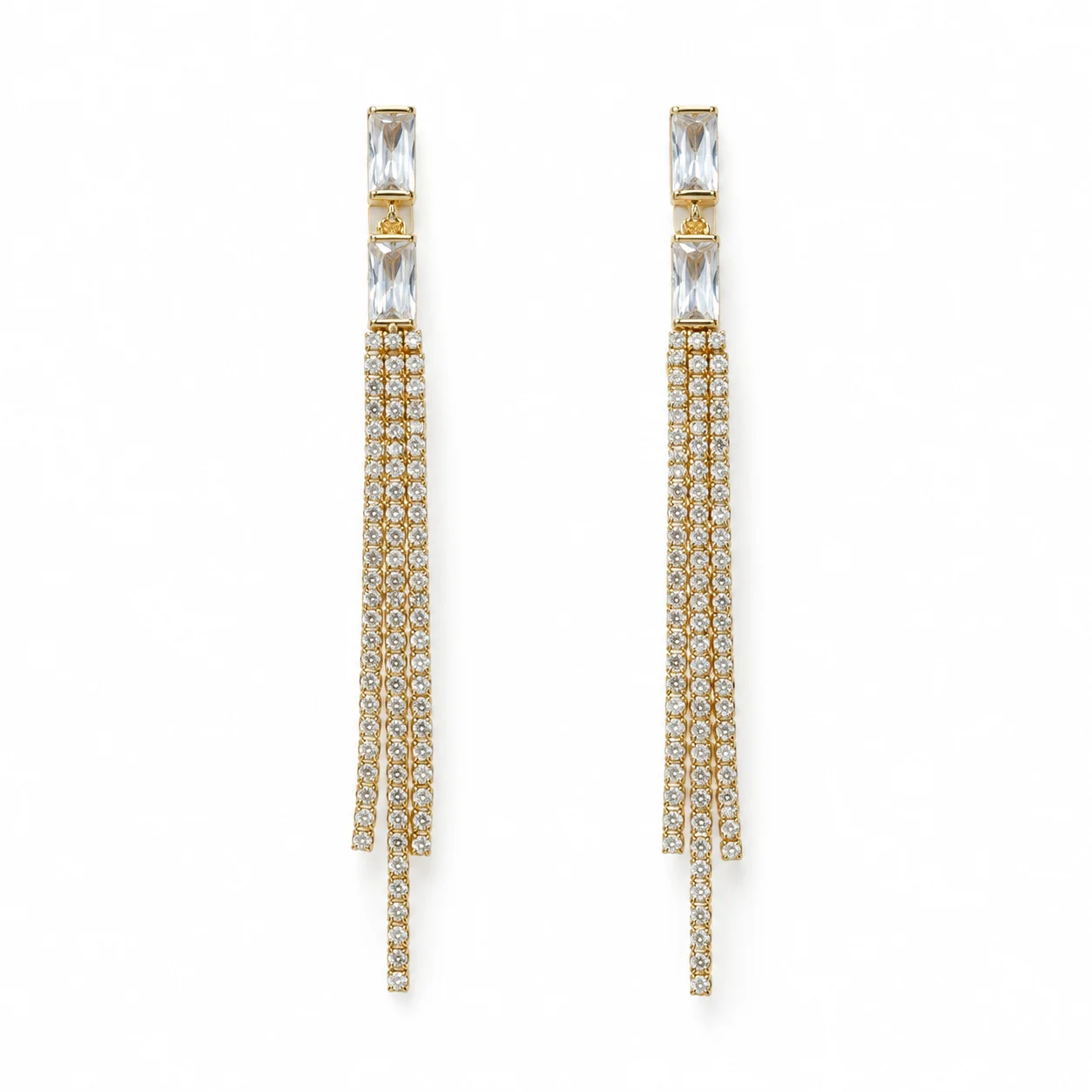 Gold-tone Rectangular Clear Accent Tassel Earrings