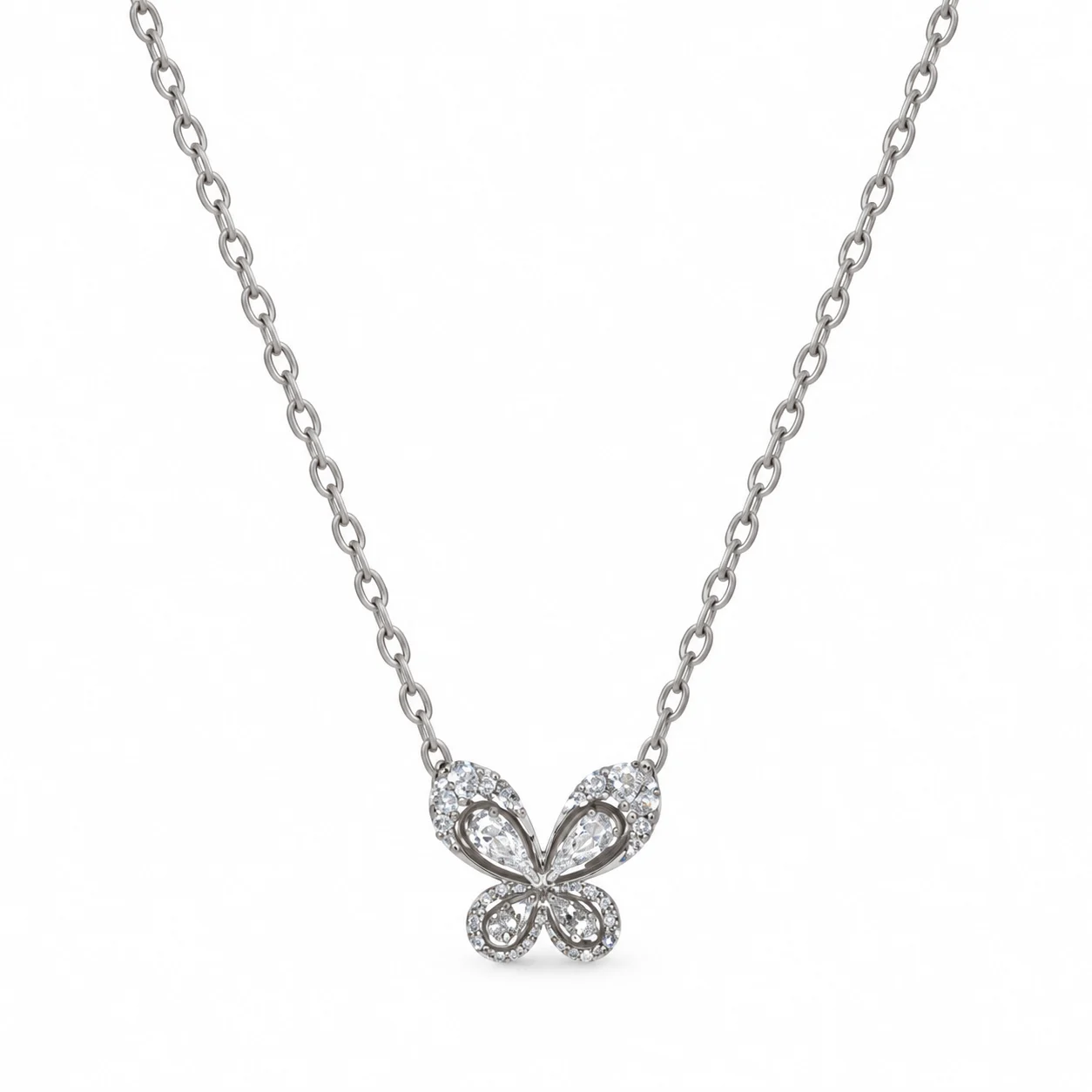 Silver-tone Butterfly Pendant Necklace with Clear Sparkling Accents