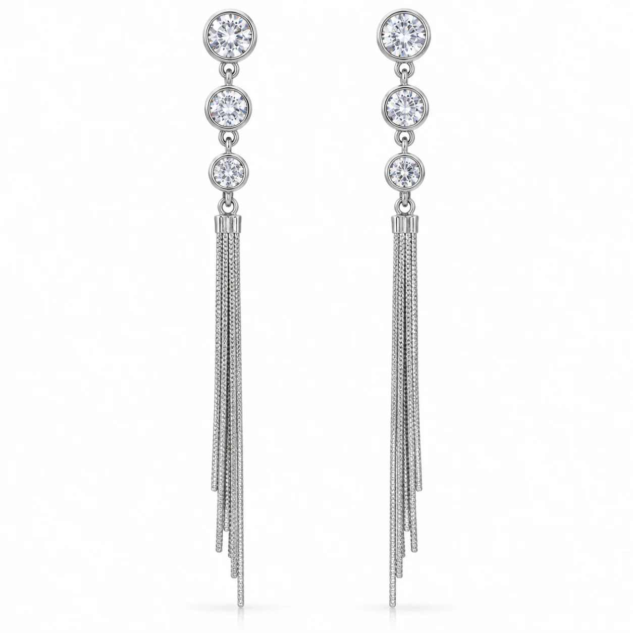 Silver-tone Triple Round Sparkling Chain Tassel Earrings