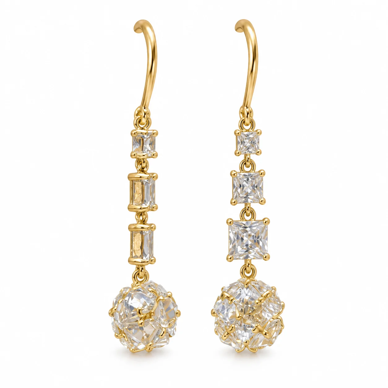 Gold-tone Drop Earrings with Clear Square Accents and Round Clusters