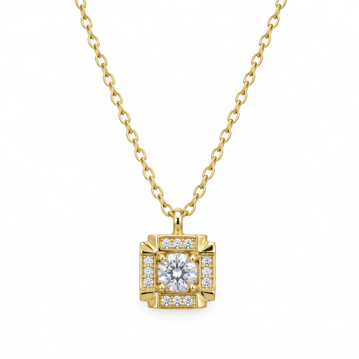 Gold-tone Square-frame Clear Stone Pendant Necklace