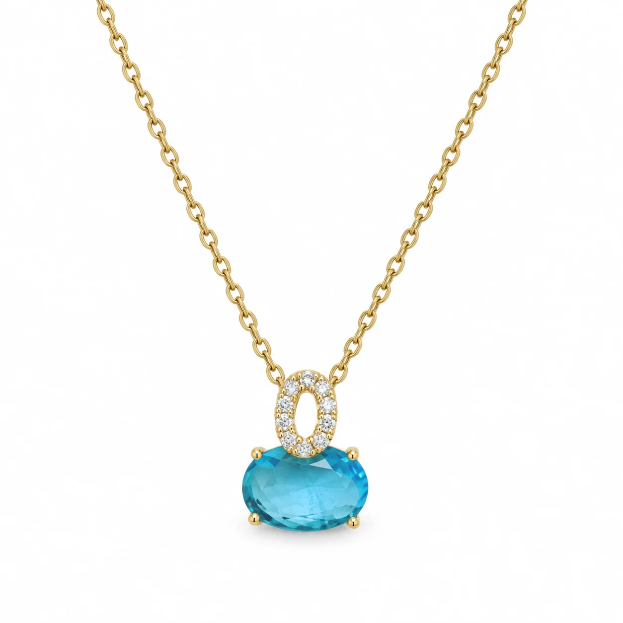 Gold-tone Fine Chain Necklace with Blue Oval Pendant