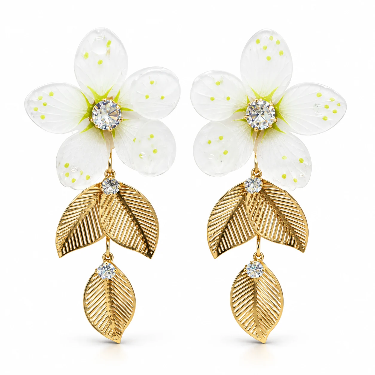 Translucent White Flower Drop Earrings with Gold-tone Openwork Leaves