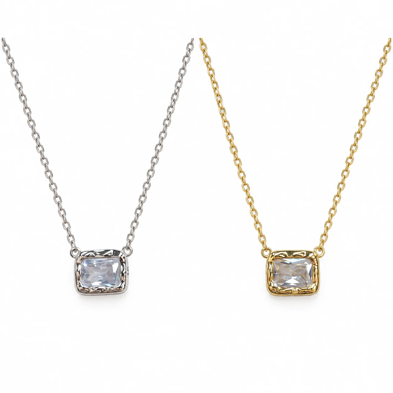 Square Clear Faceted Pendant Necklaces in Silver and Gold Tones