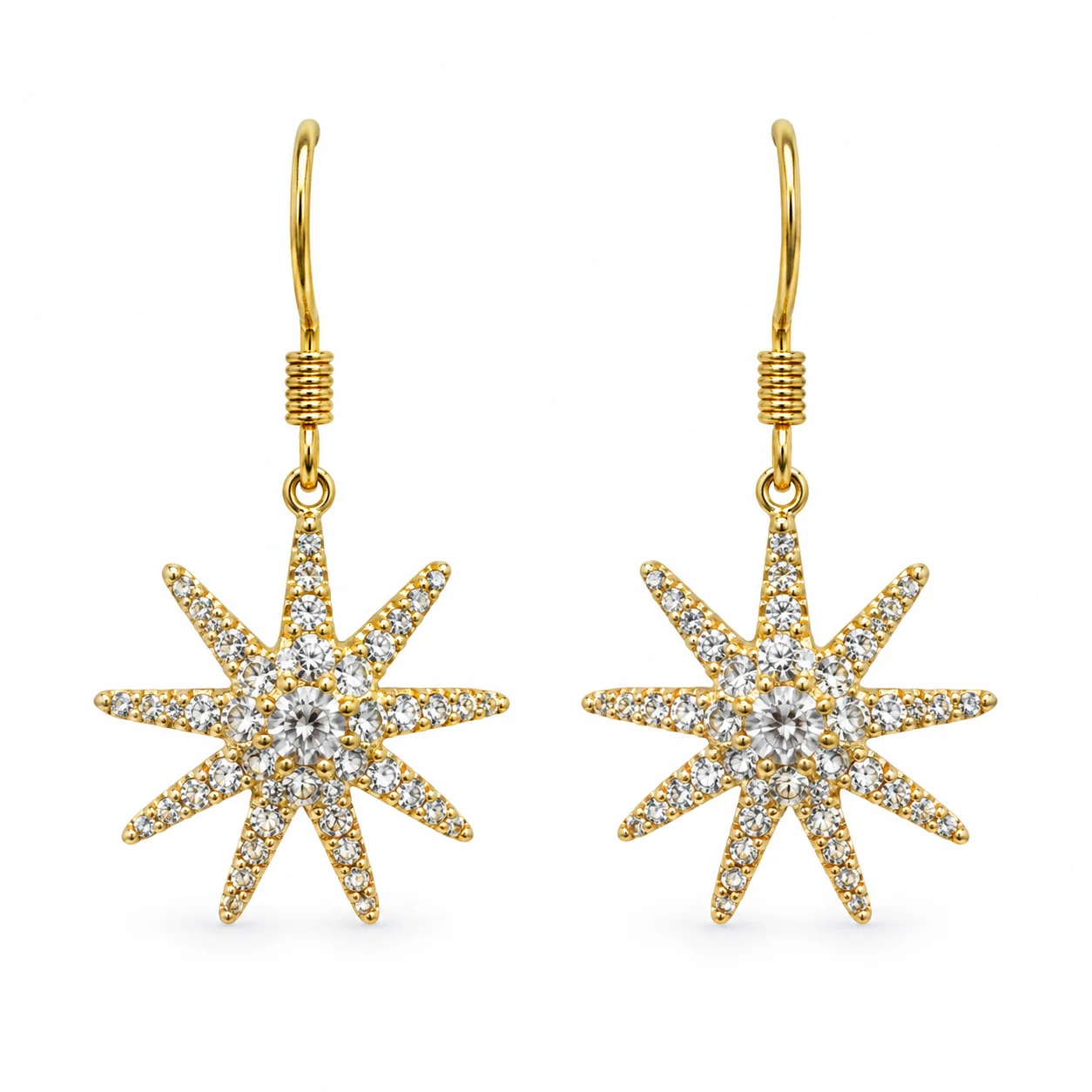 Gold-tone Clear Stone Starburst Hook Earrings