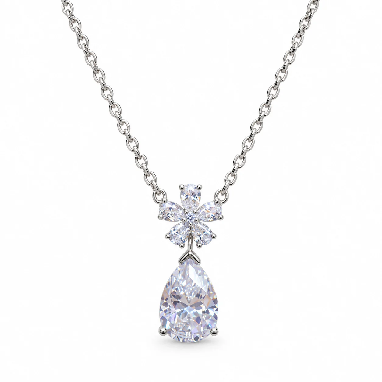 Silver-tone Floral Necklace with Clear Teardrop Drop