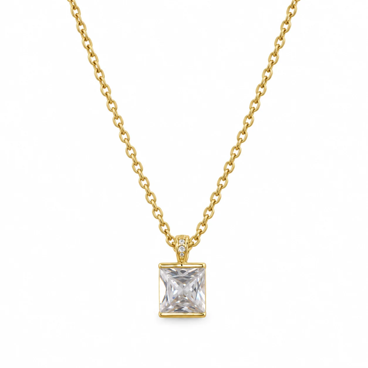 Gold-tone Chain Necklace with Rectangular Clear Stone Pendant