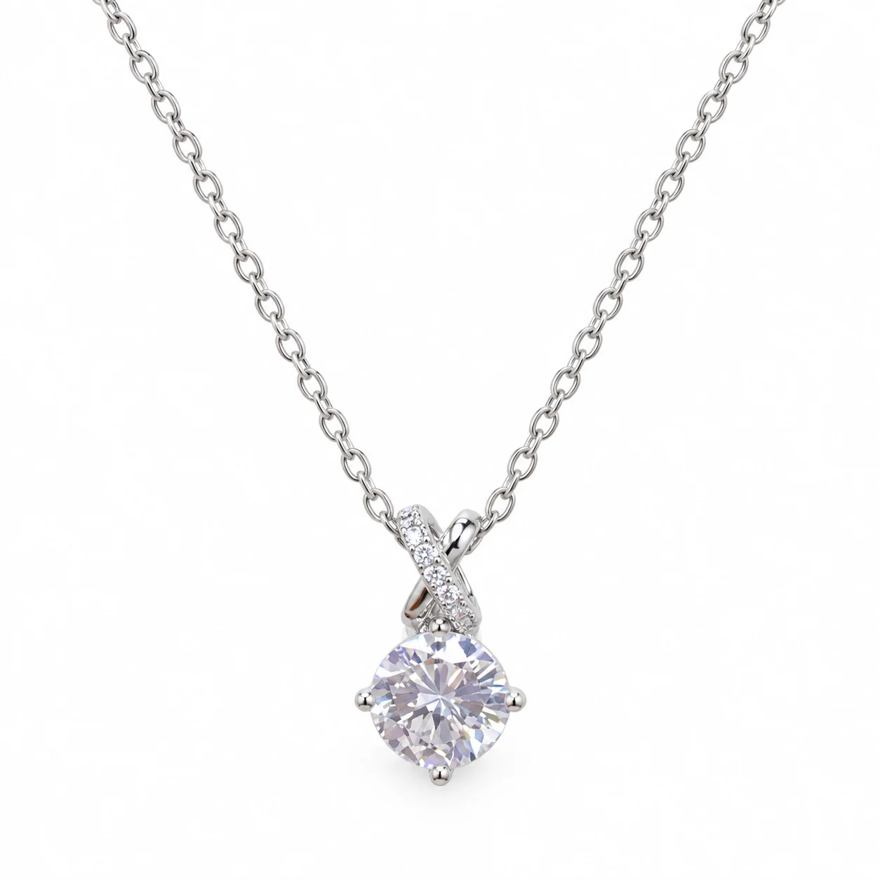 Silver-tone Necklace with Crossover Bail and Round Clear Stone