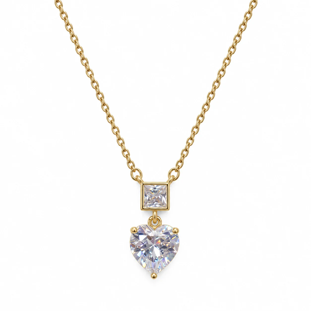 Gold-tone Fine Chain Necklace with Square and Heart-shaped Clear Accents