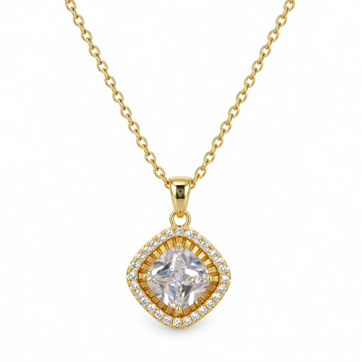 Gold-tone Rounded-square Clear Stone Halo Pendant Necklace