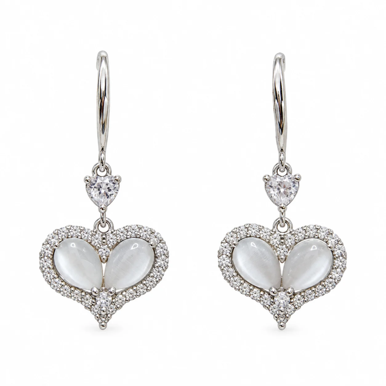 Silver-tone Heart Drop Earrings with Milky White Teardrop Accents
