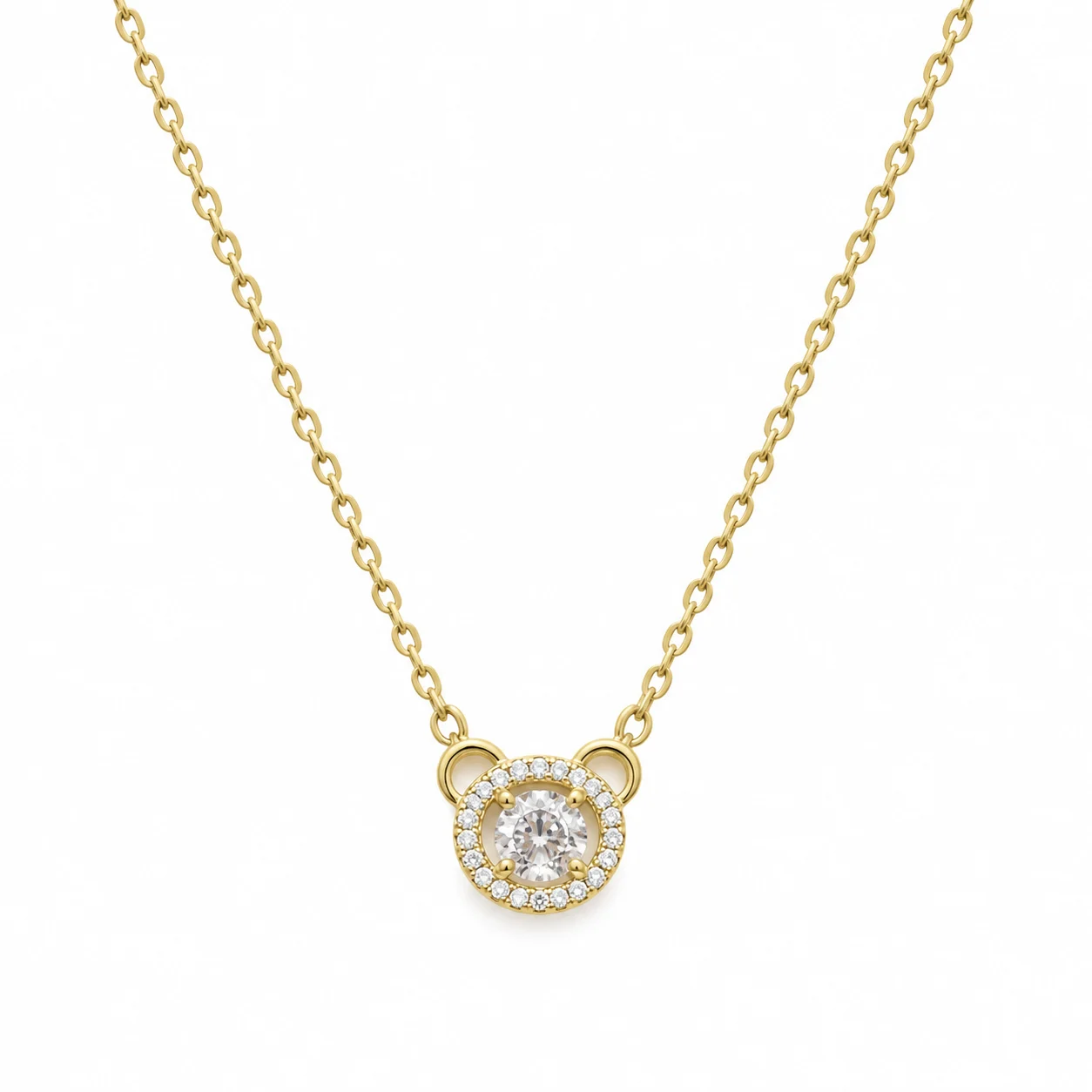 Gold-tone Fine-chain Necklace with Clear Round Halo Pendant