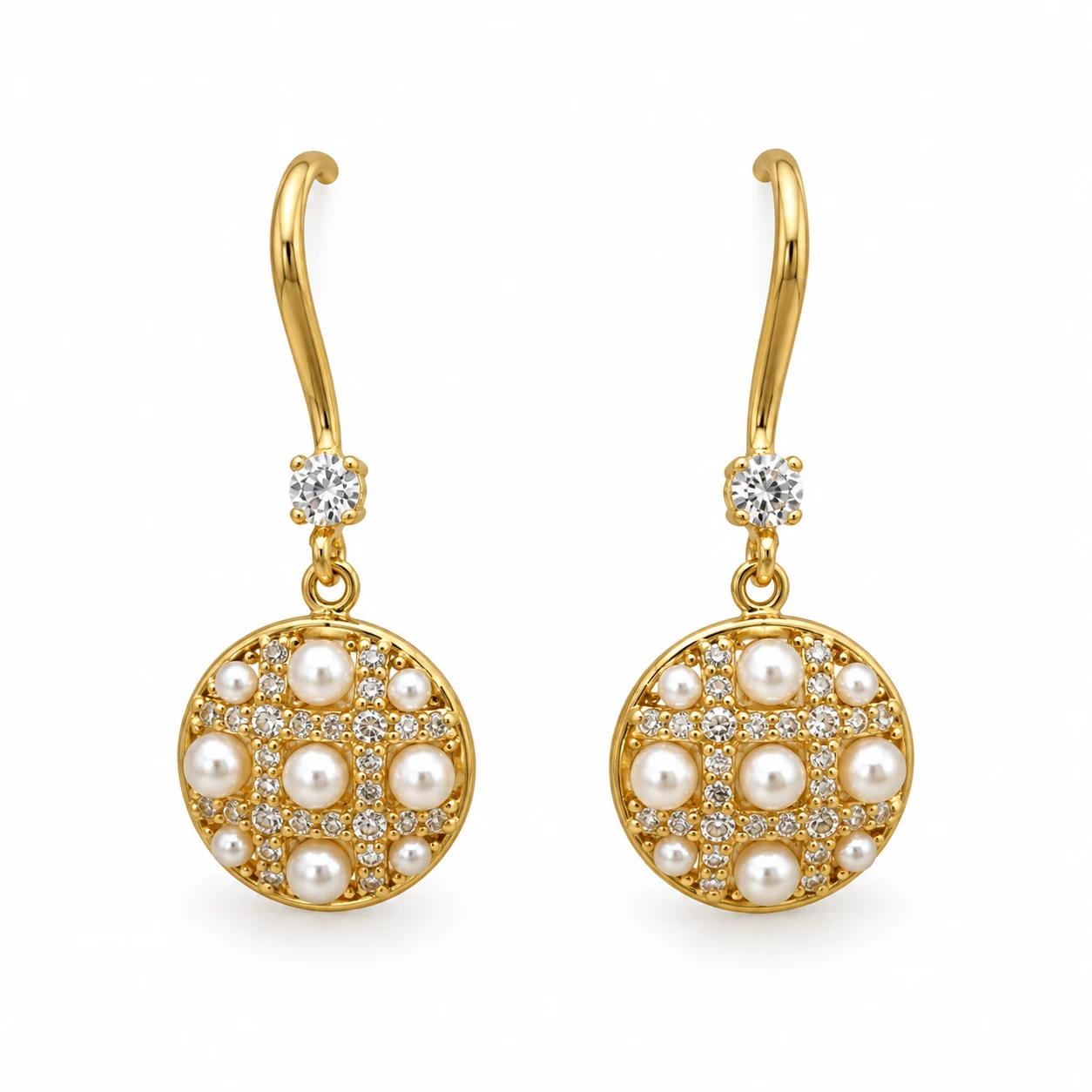 Gold-tone Round Lattice Drop Earrings with White Bead-like Accents