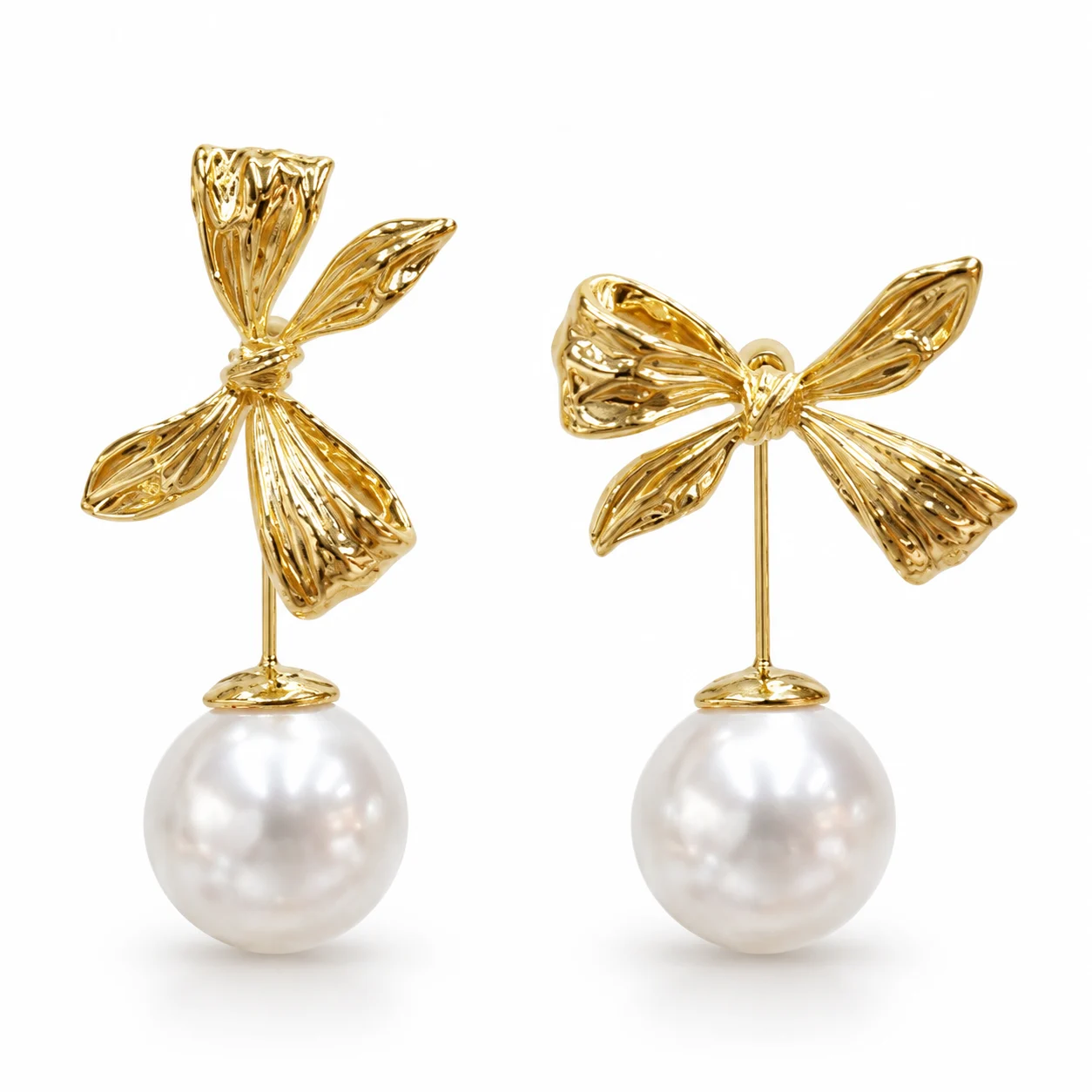 Gold-Tone Textured Bow Drop Earrings with White Round Beads