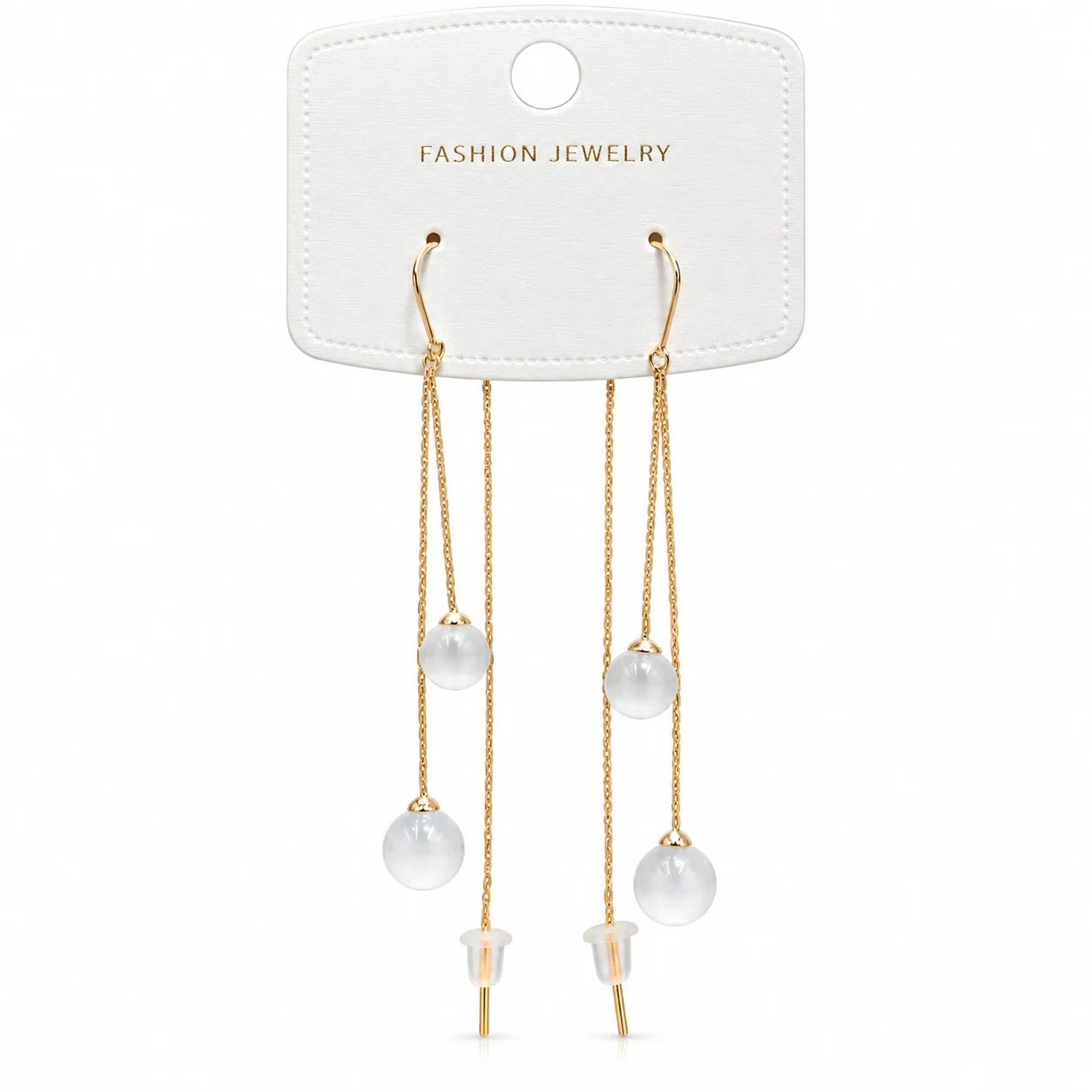 Gold-tone Chain Tassel Drop Earrings with Milky White Round Beads