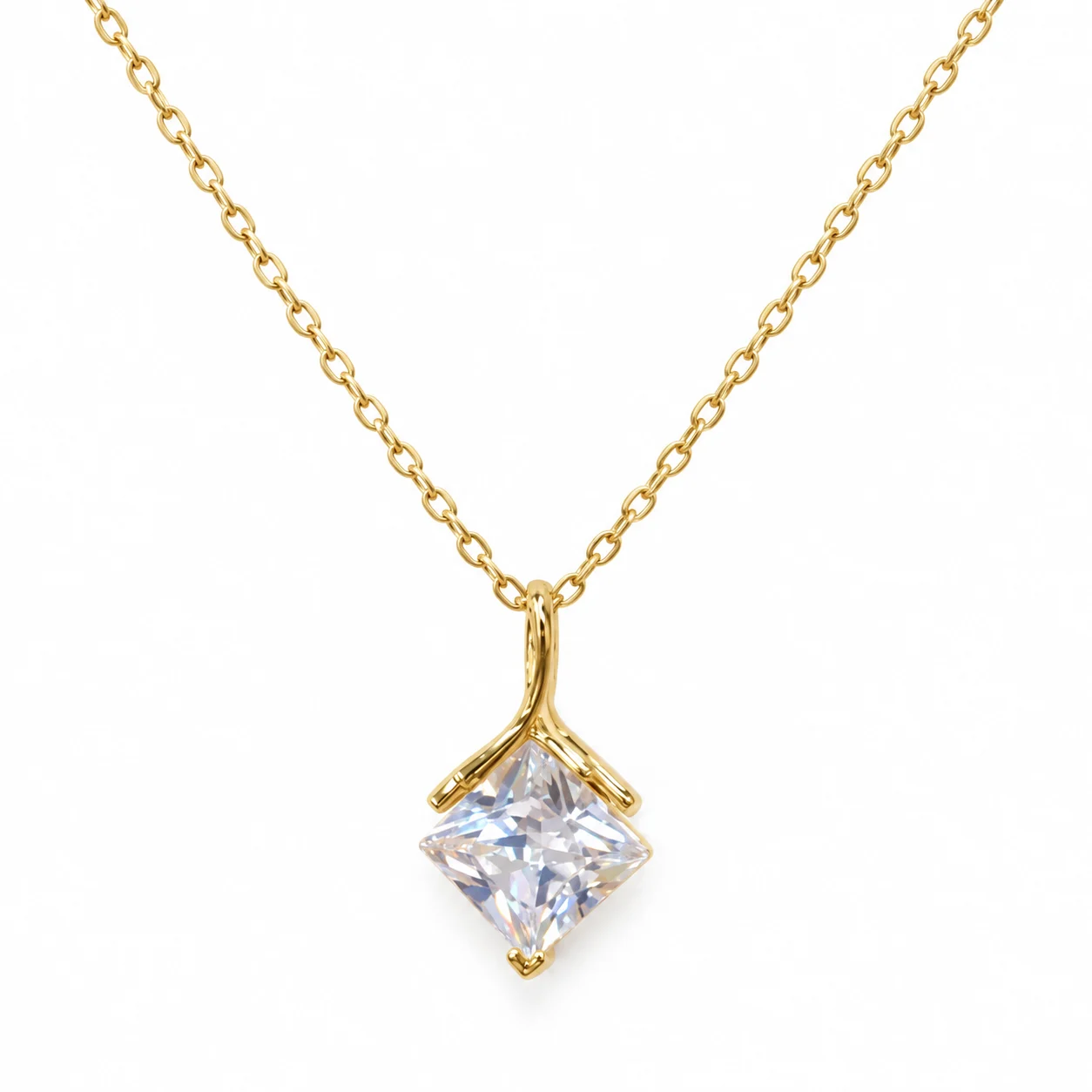 Gold-tone Fine Chain Necklace with Clear Square Pendant