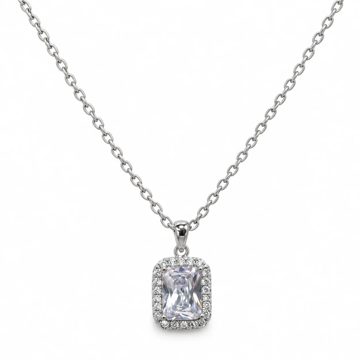 Silver-tone Rectangular Clear Faceted Halo Pendant Necklace