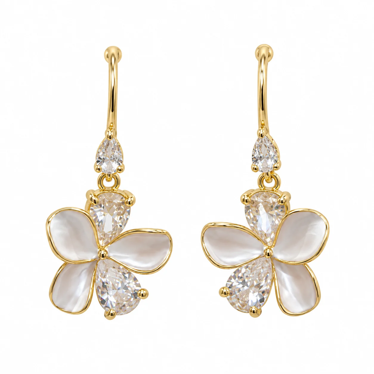 Gold-tone Floral Drop Earrings with Milky White Petals and Clear Faceted Accents