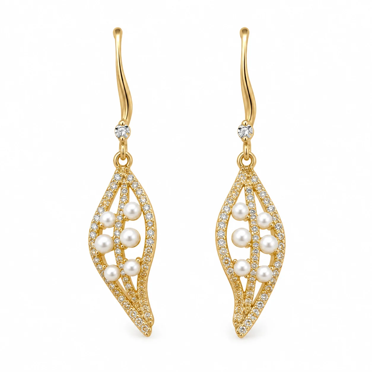Gold-tone Openwork Leaf Drop Earrings with White Beads