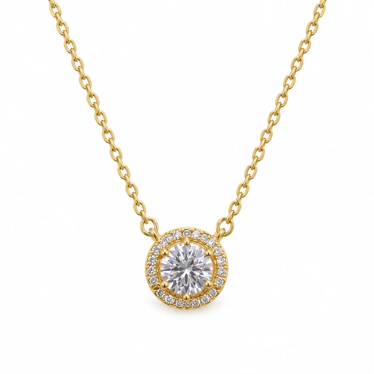 Gold-tone Fine Chain Necklace with Round Clear Stone Halo Pendant