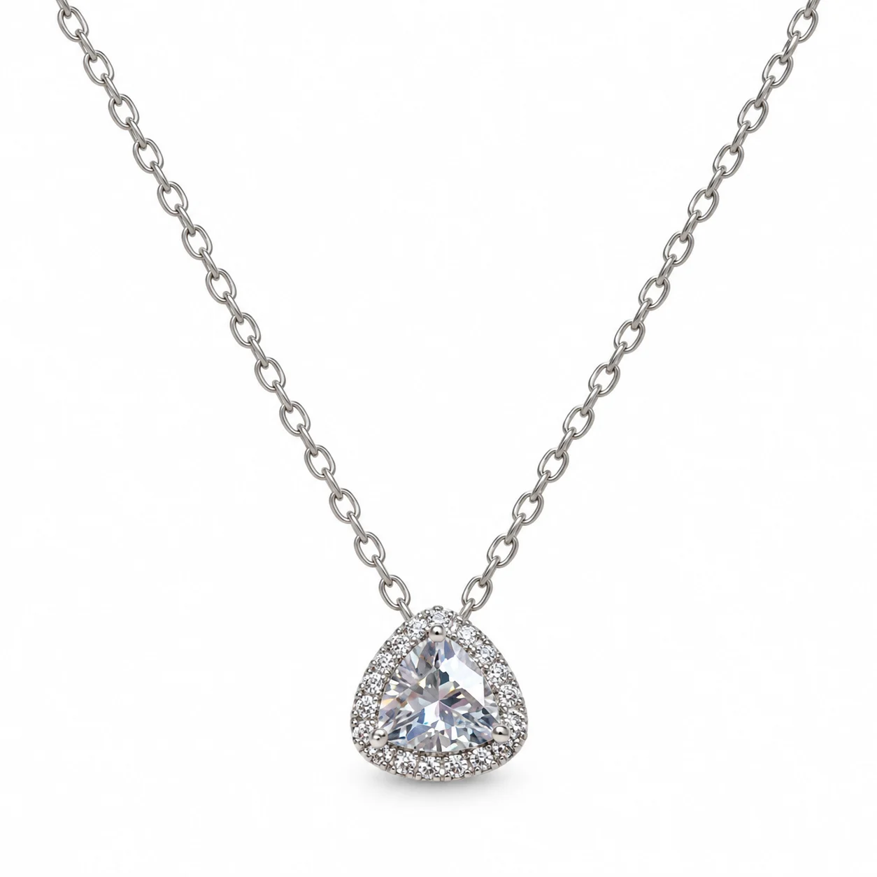 Silver-tone Fine-chain Necklace with Clear Teardrop Halo Pendant