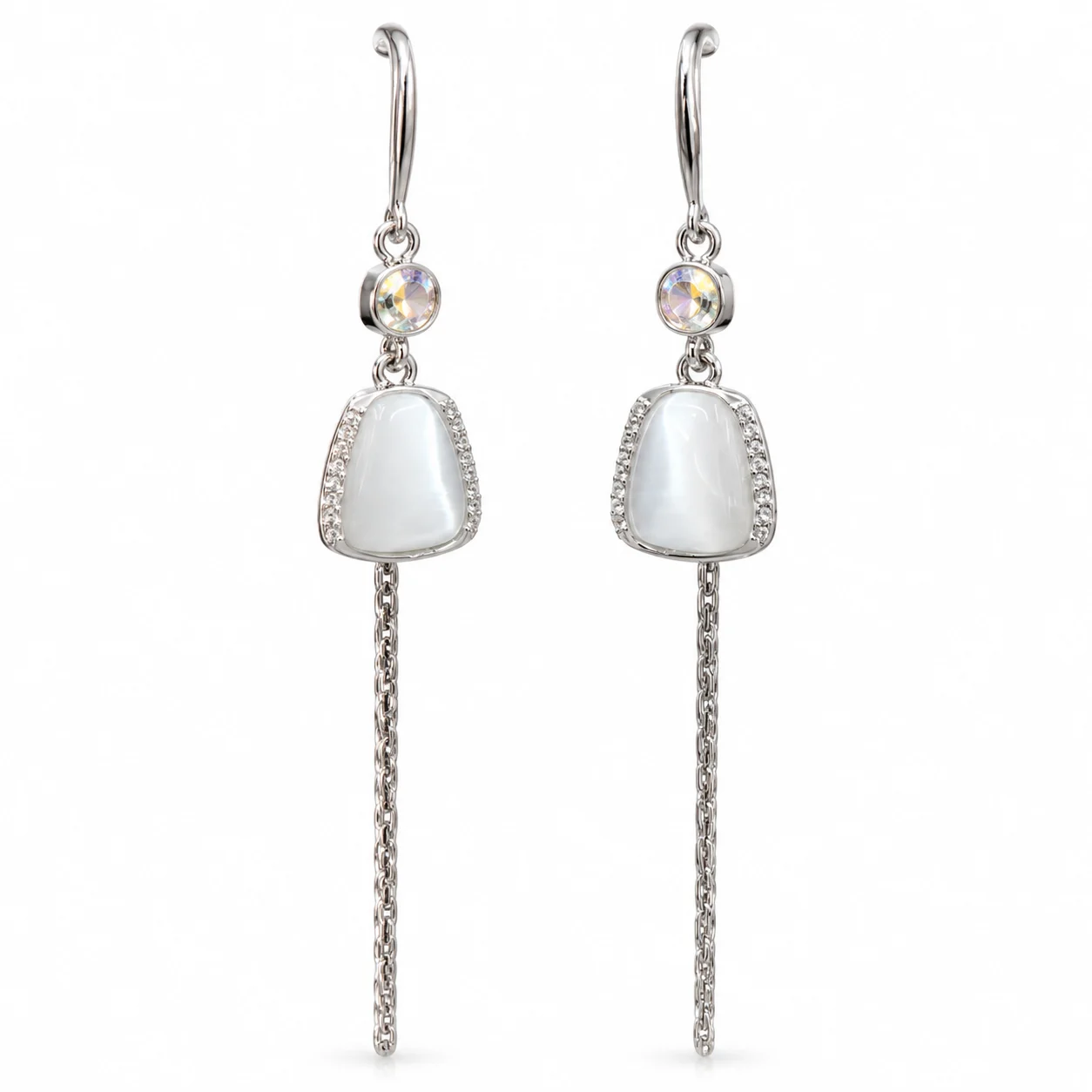 Silver-tone Geometric White-panel Chain Tassel Earrings
