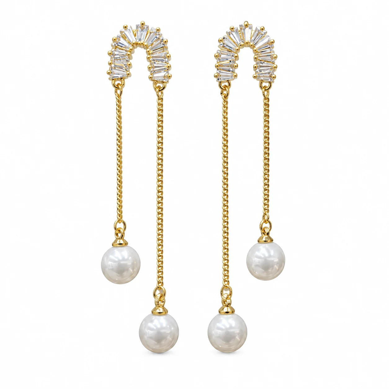 Gold-tone Arch Earrings with Clear Accents and Twin White Bead Chain Drops