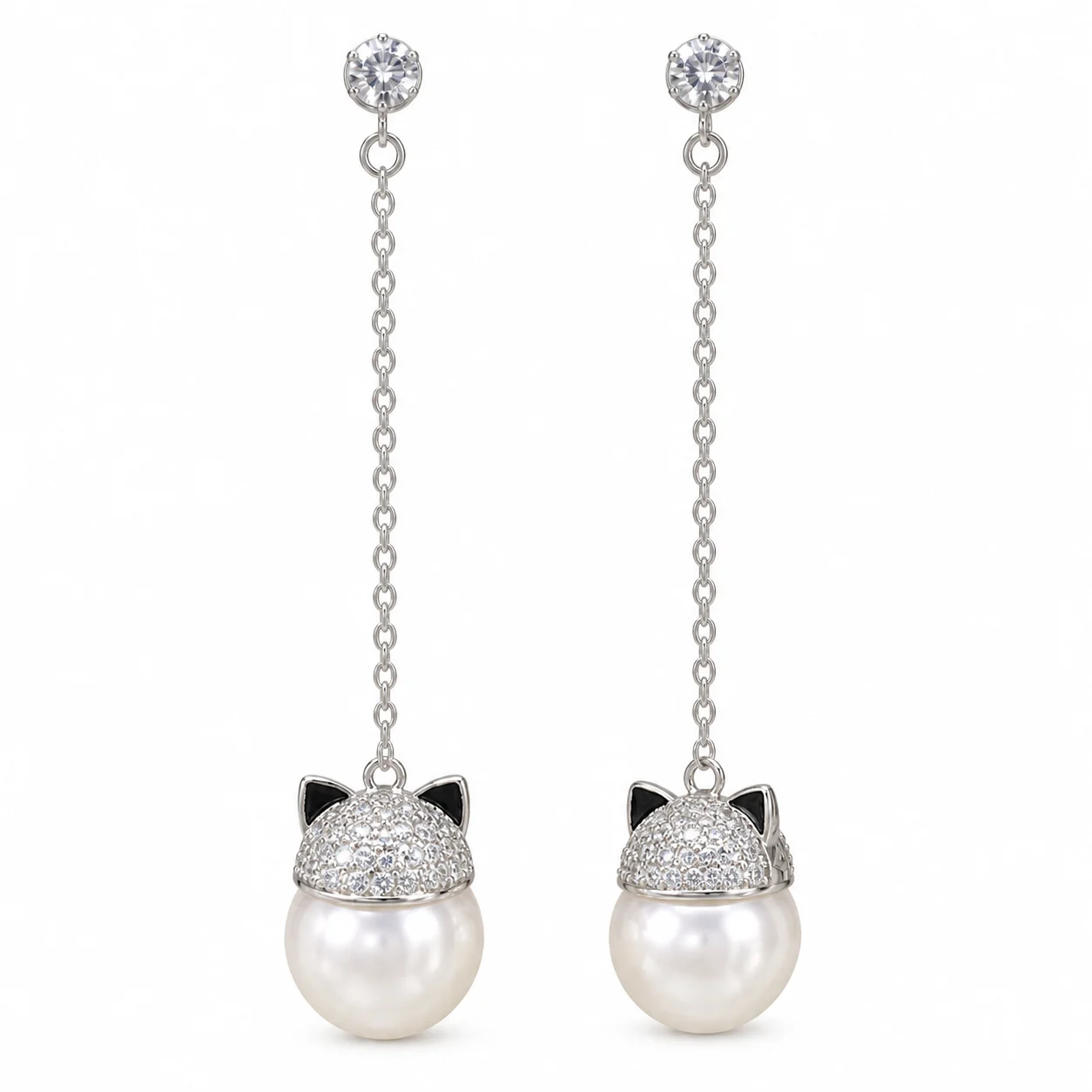 Silver-tone Chain Drop Earrings with White Beads