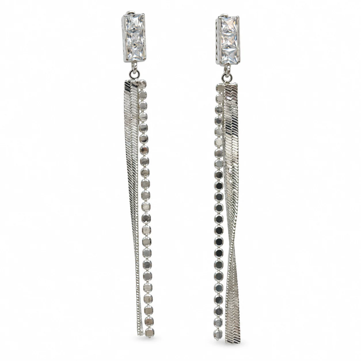 Silver-tone Rectangular Clear-stone Chain Tassel Earrings
