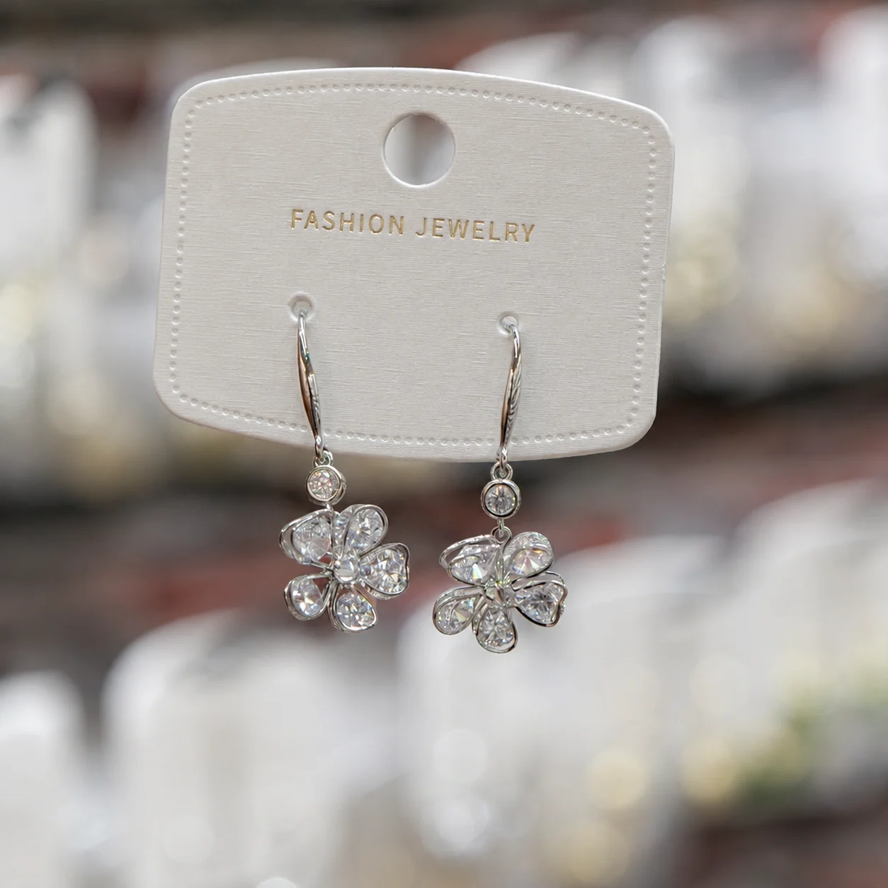 Silver-tone Clear Stone Five-petal Flower Drop Earrings