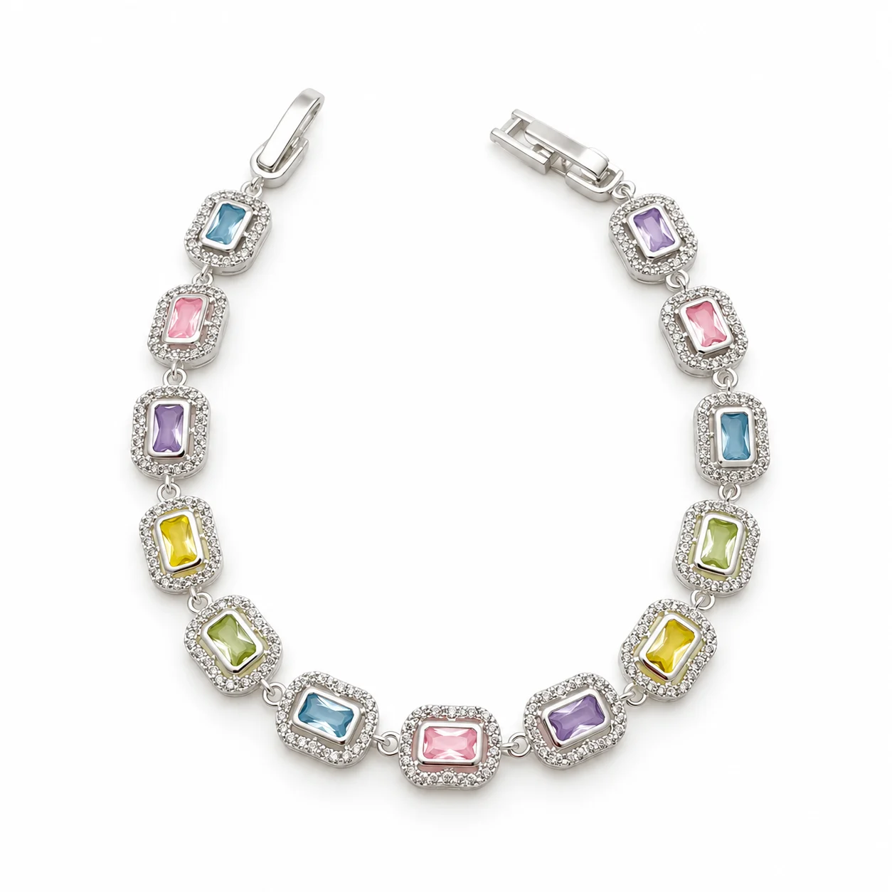 Silver-tone Multicolor Rectangular Halo Link Bracelet