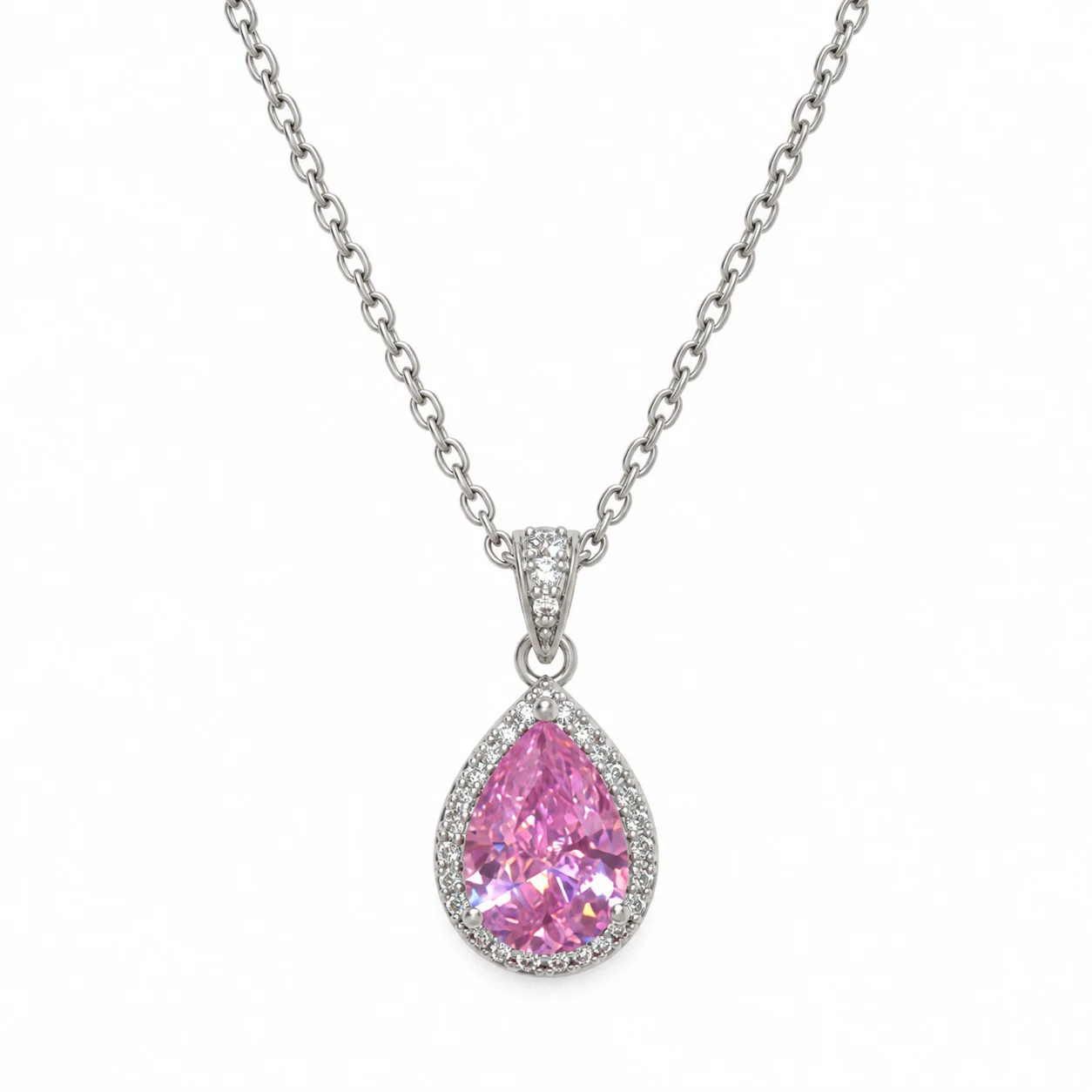 Silver-tone Pink Teardrop Halo Pendant Necklace